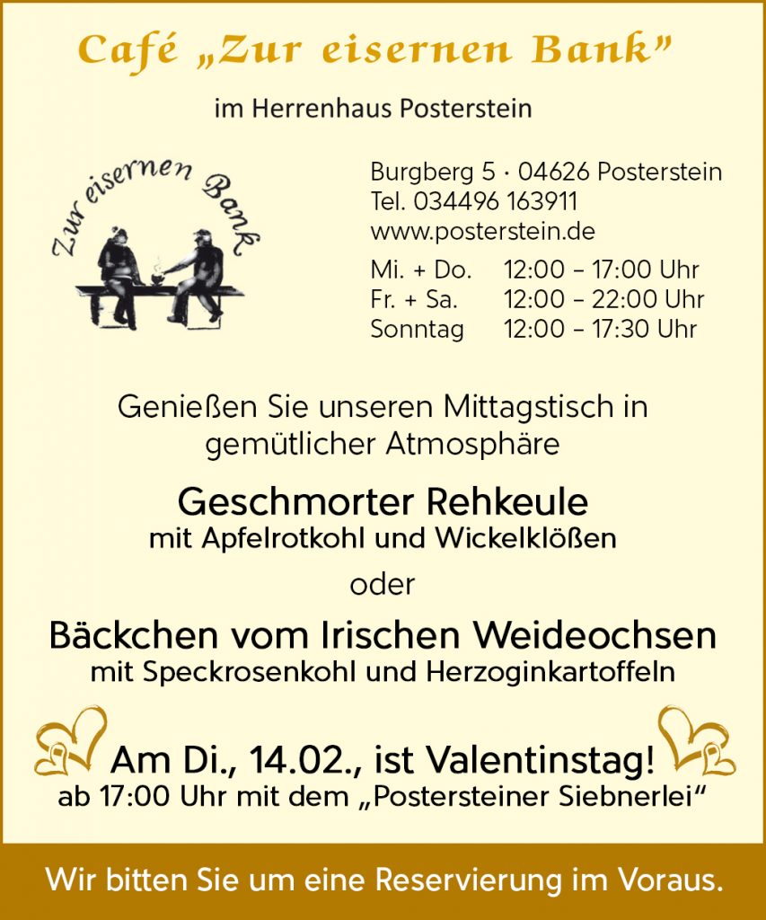 Plakat mit Adresse und Öffnungszeiten sowie winterliche Angeboten des Café "Zur eisernen Bank" in Posterstein