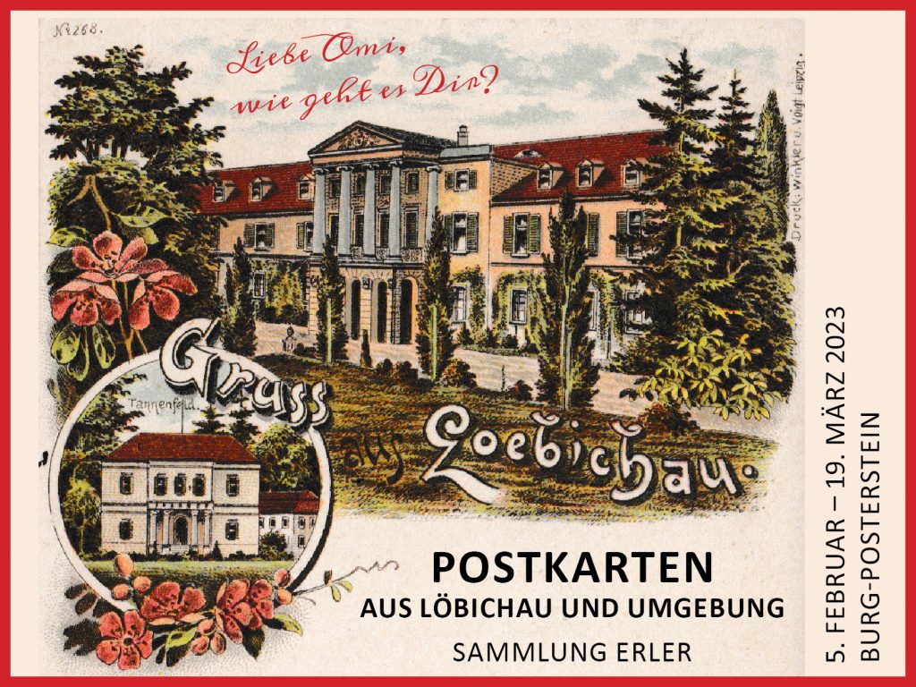 Banner zur Postkarten-Ausstellung auf Burg Posterstein mit historischer Postkarte von Schloss Löbichau