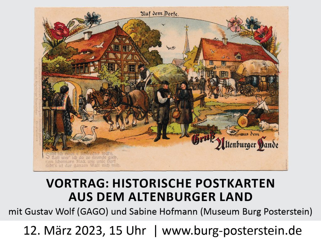 Banner zum Vortrag mit einer historischen Postkarte aus dem Altenburger Land darauf