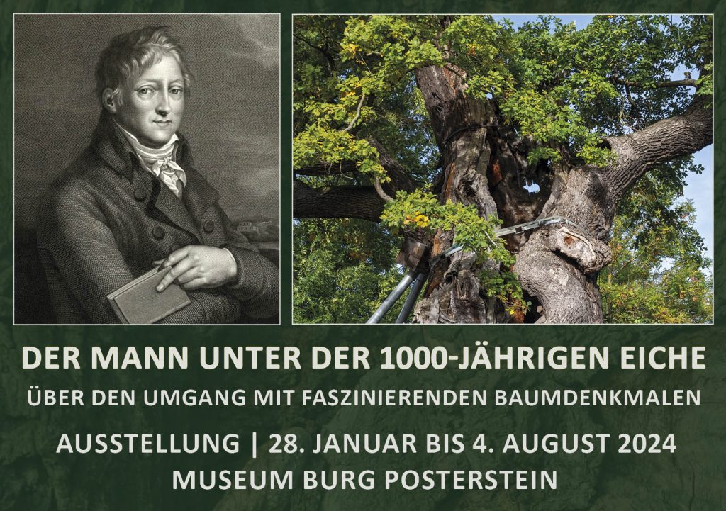 Banner mit einem Porträt Hans Wilhelm von Thümmels und der Grabeiche in Nöbdenitz