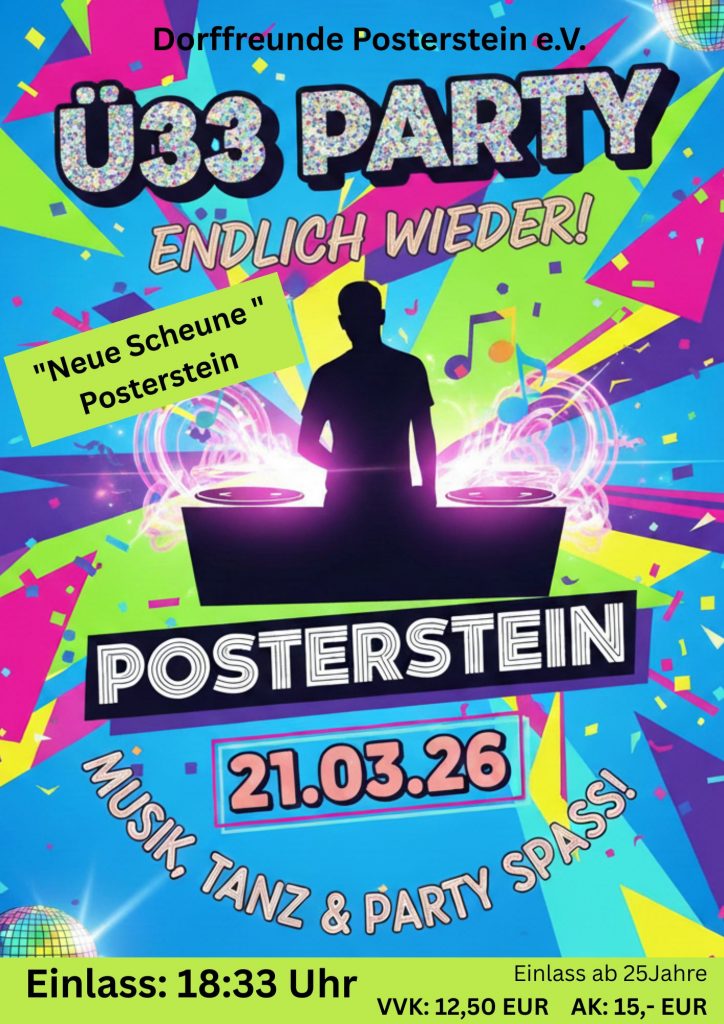 Plakat Ü33 Party am 21. März 2026 in der Neuen Scheune Posterstein