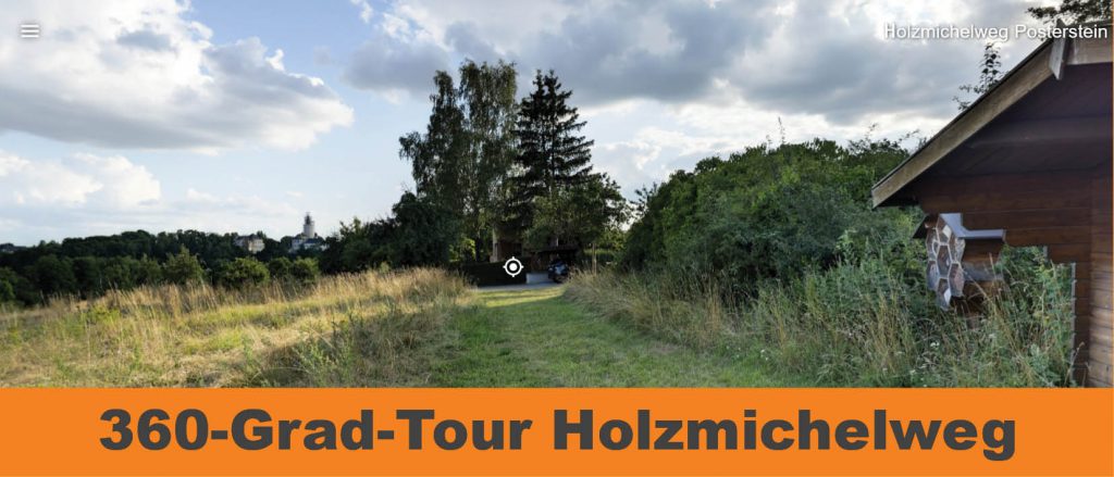 Banner mit Screenshot 360 Grad Tour Holzmichelweg mit Blick auf Wiese, Burg und Wanderhütte